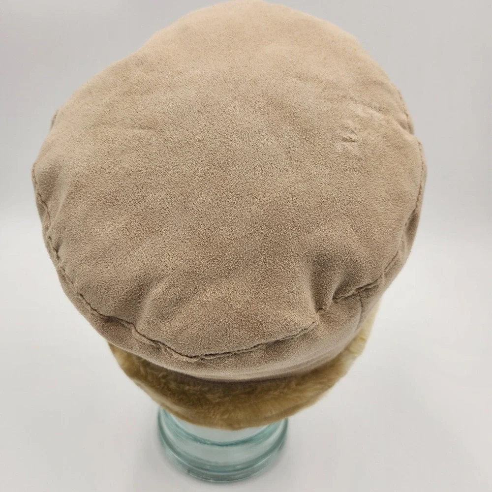 VTG Totes Genuine Shearling Sheepskin‎ Cloche Hat Suede Winter Bucket Cap Tan